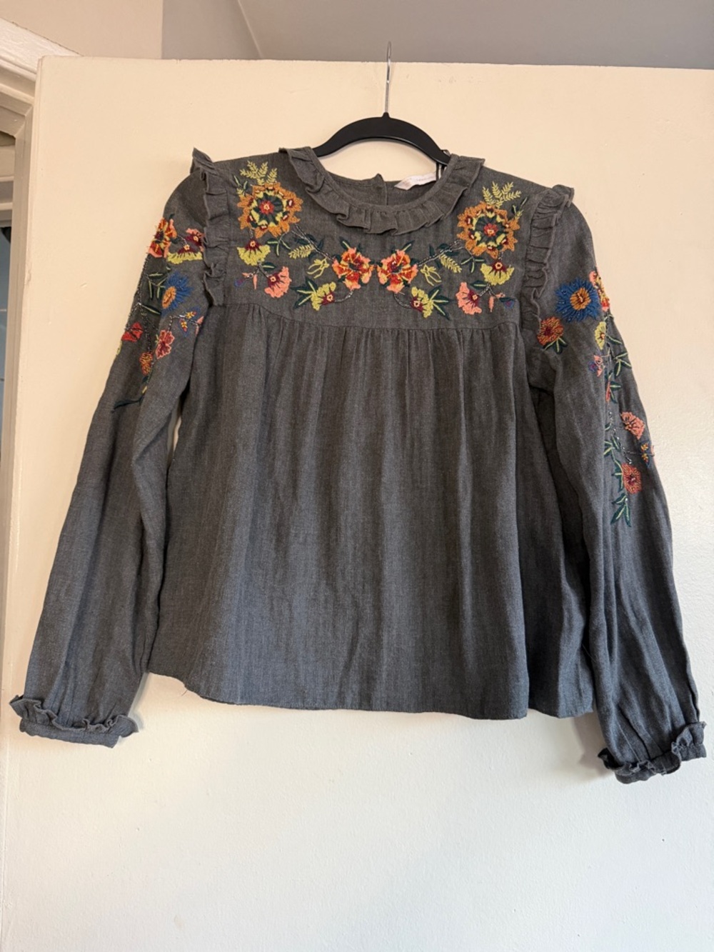 Zara Gray Embroidered Floral Yoke Top